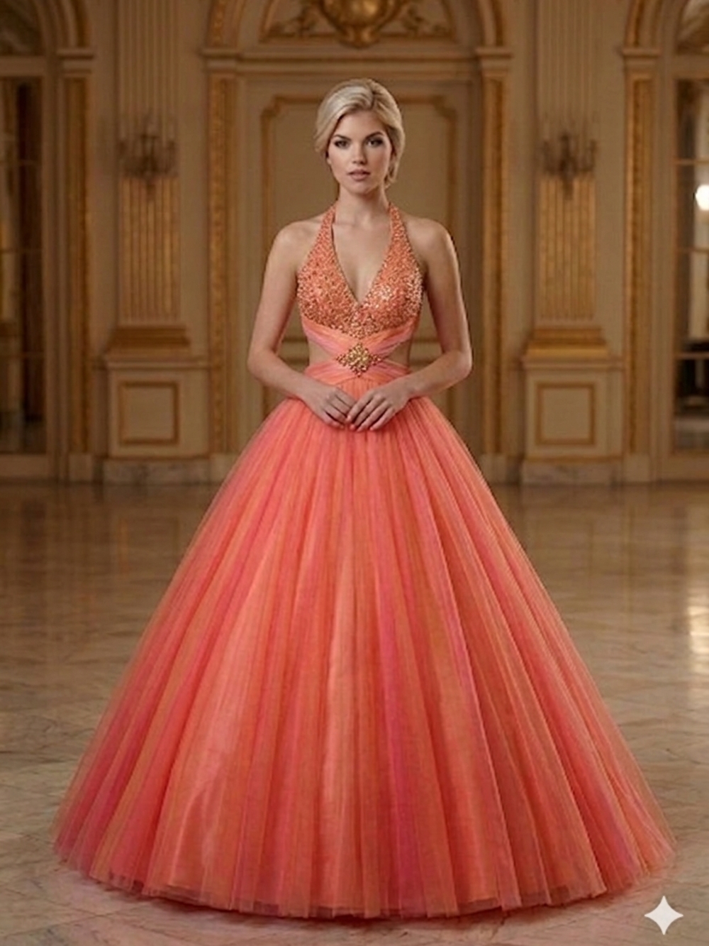 Mac Duggal Coral-Peach Halter Tulle Ball Gown